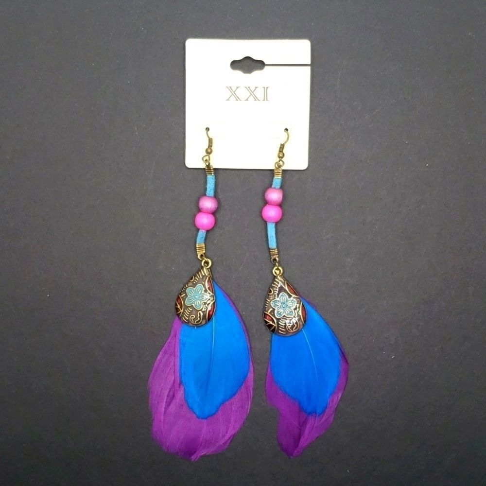 purple blue feather Earrings with wooden beaded Bohemian accessory